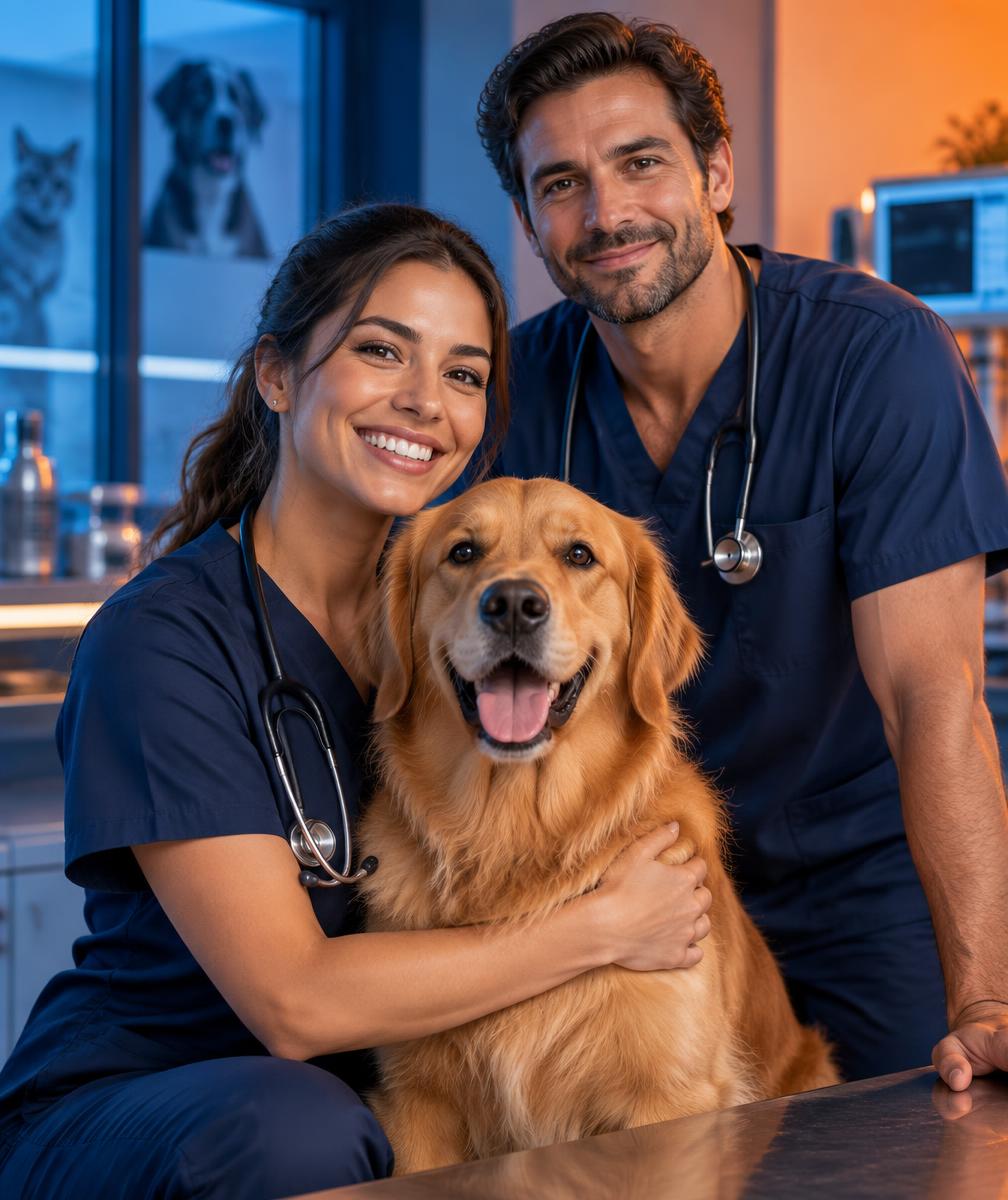 Equipe veterinária com um paciente canino